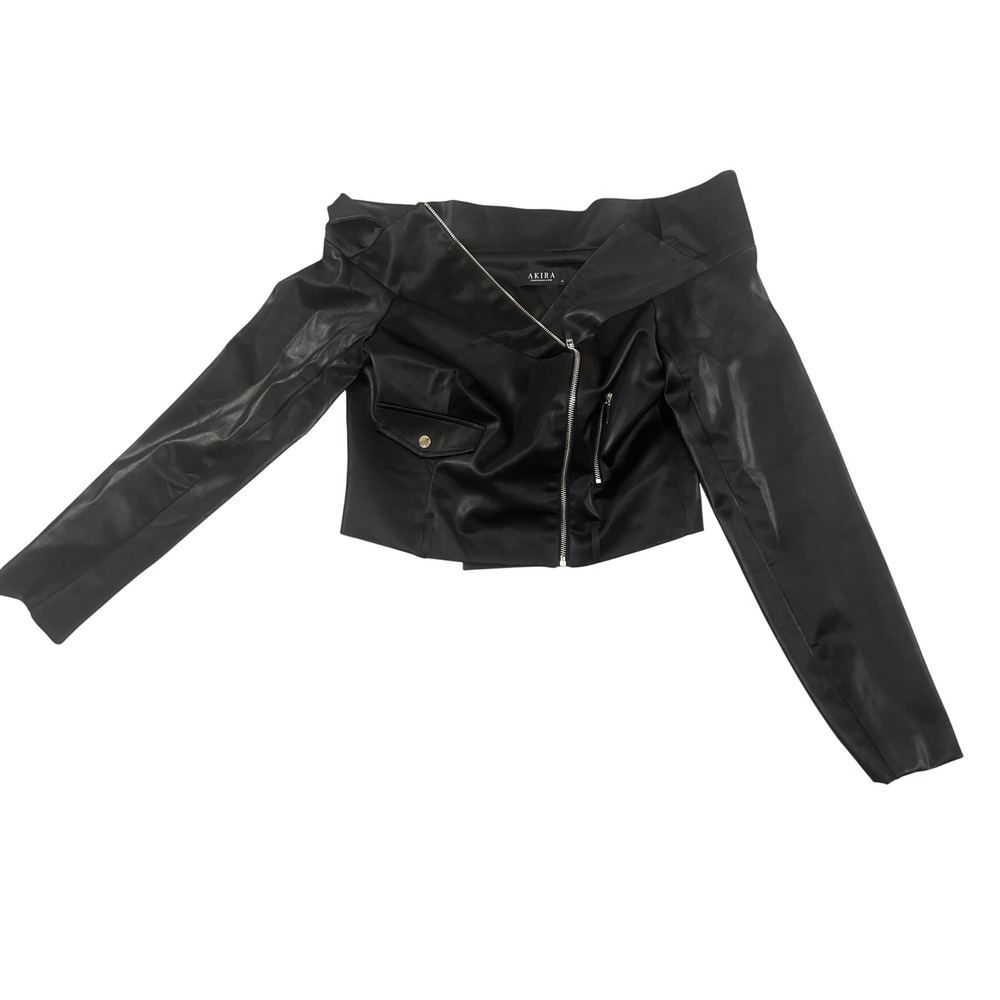 Akira Jacket Womens Off Shoulder Moto Top Faux Leather Black Sz XL Edgy Biker